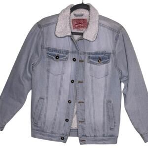 Brooklyn Cloth Mens Sherpa Lined Denim Trucker Jacket Light Blue Wash Small